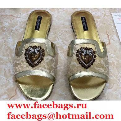 Dolce & Gabbana Lace Sliders Gold with Devotion Heart 2021